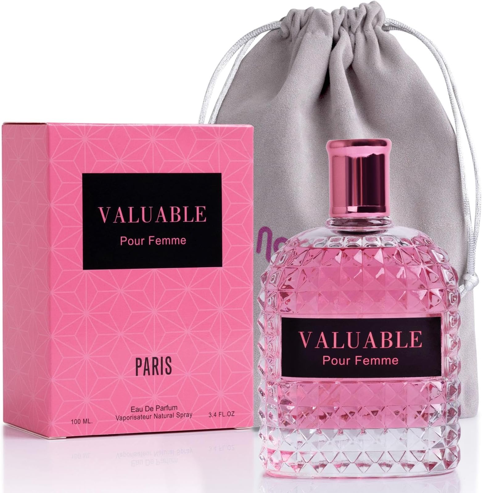 NovoGlow Valuable for Women - Dazzling Fragrance with Fruity, Floral, Spicy & Woody Accords - Base of Bourbon Vanilla, Guaiac Wood & Soft Cashmeran - Elegant 3.4 oz Spray Bottle with a Suede Pouch