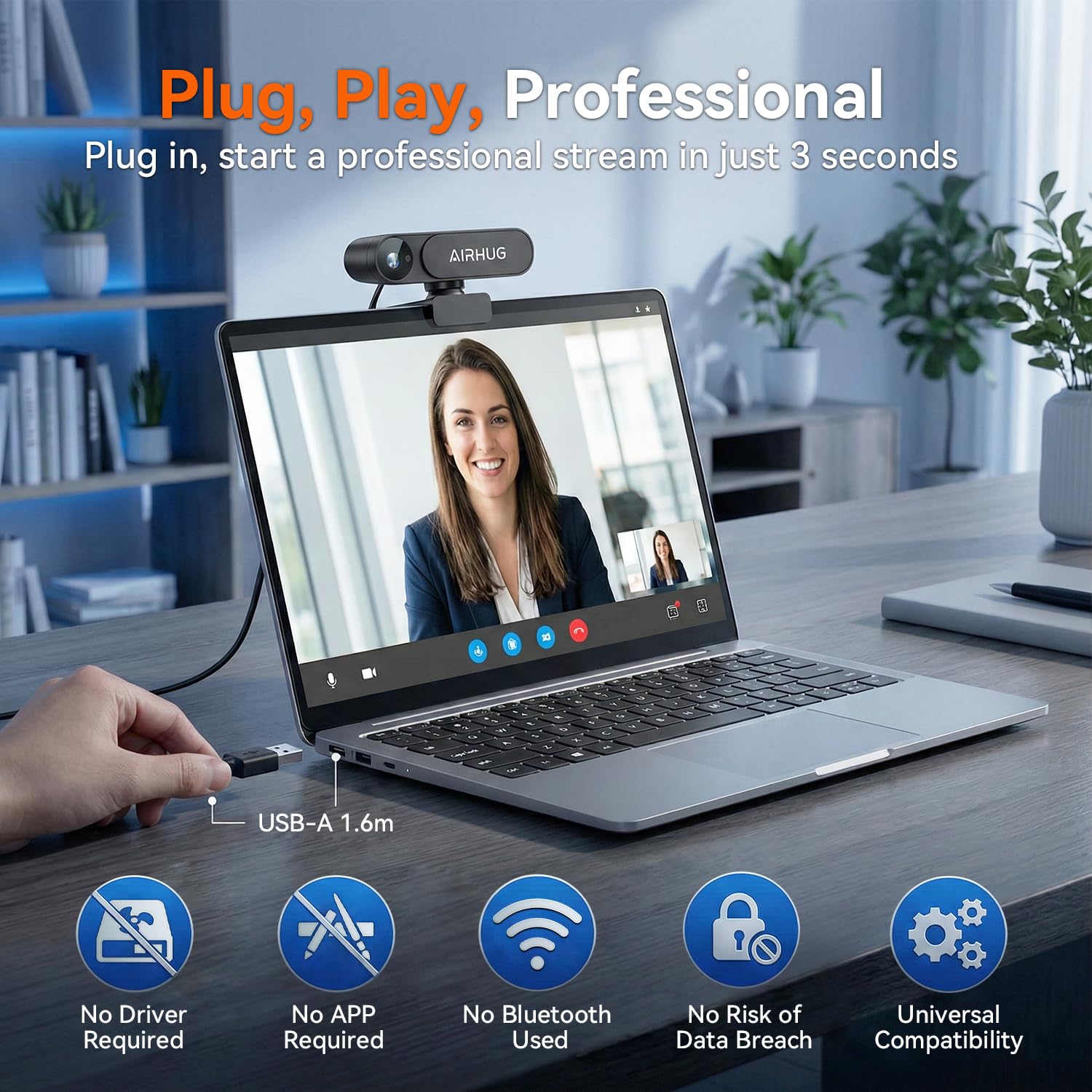 AIRHUG 4K UHD USB Webcam No Mic with Privacy Cover, USB Camera