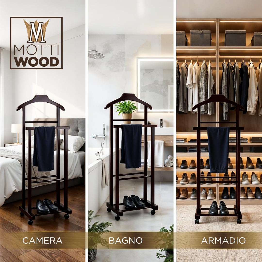 Perchero para dormitorio, madera de haya natural, nogal, doble silencioso, con 4 ruedas