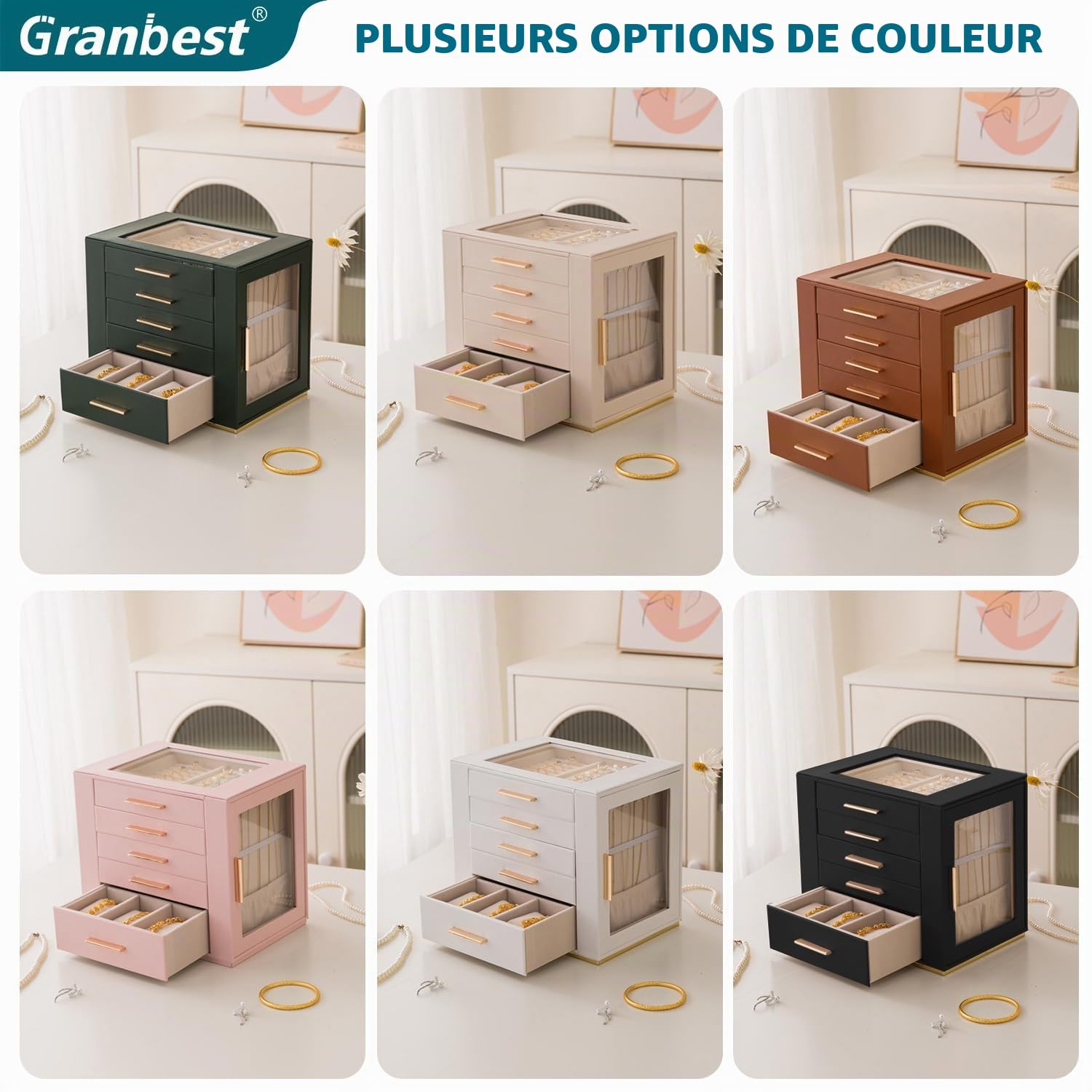 Granbest Boîte à bijoux à 5 niveaux avec couvercle en verre, organiseur de bijoux haute capacité avec tiroirs et miroir, boîte à bijoux en polyuréthane pour colliers, boucles d'oreilles, bagues