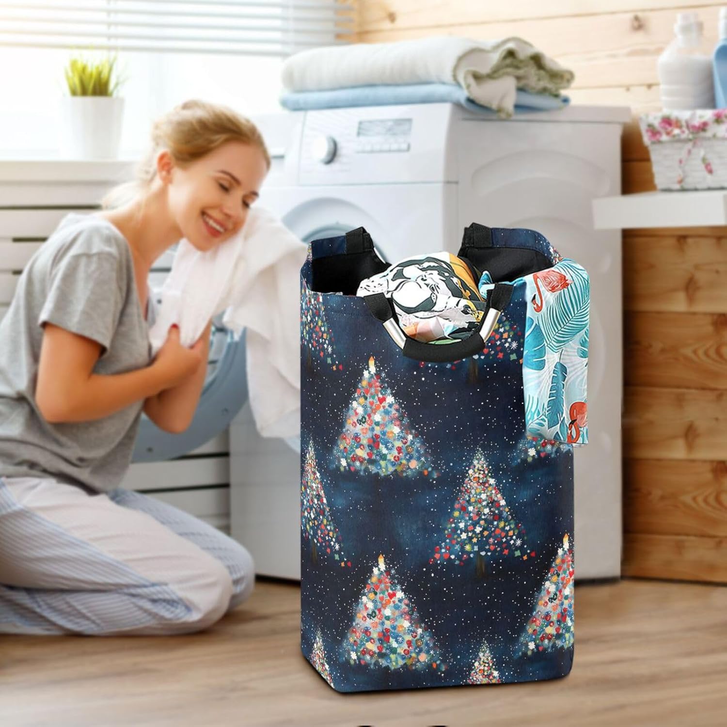 AIXIWAWA Cute Christmas Tree Laundry Basket Hamper 1 Pack, Collapsible Clothes Holder Dorm Home Laundry Bag with Handles