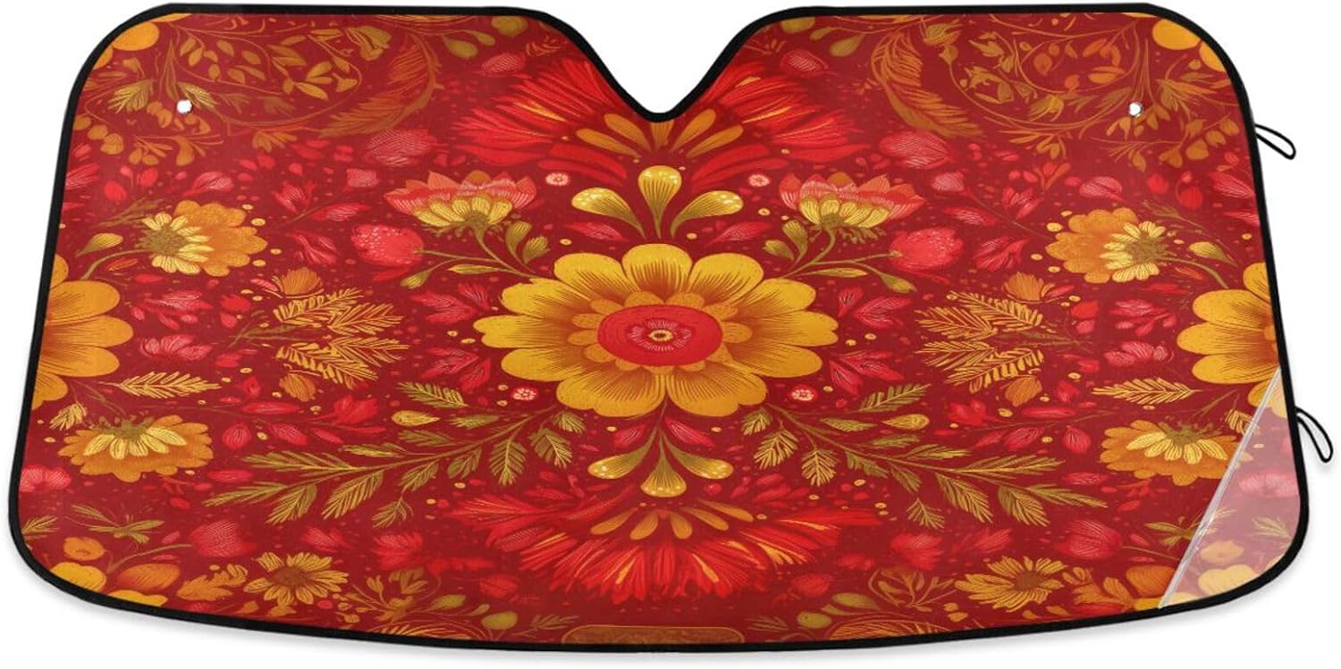 Gold Floral Design Foldable Car Sun Shade Car Windshield Locks Sun Visor Protector and Cool Your Vehicle Interior 55 * 27.6inch