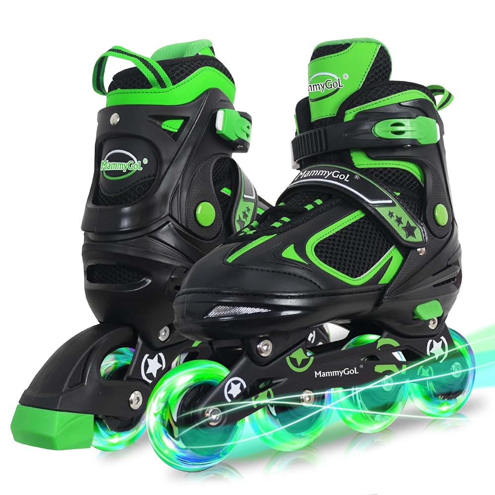 MammyGol Adjustable Inline Skates for Boys Girls Kids Youth with Light up Wheels, Green Beginner Blades Roller Skates for Boys Size 10 11 12 13 Ages 6-12