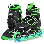 MammyGol Adjustable Inline Skates for Boys Girls Kids Youth with Light up Wheels, Green Beginner Blades Roller Skates for Boys Size 10 11 12 13 Ages 6-12