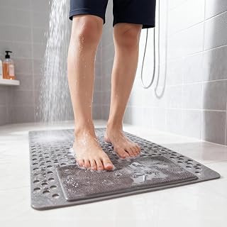 Bath Tub Shower Mat with Soft Shower Foot Scrubber Mat for Massage,Non Slip Bathtub Mat with Strong Suction Cups, Silicone Shower Foot Scrubber Mat (Gray, 31.5" X 19.7"(Rectangular))