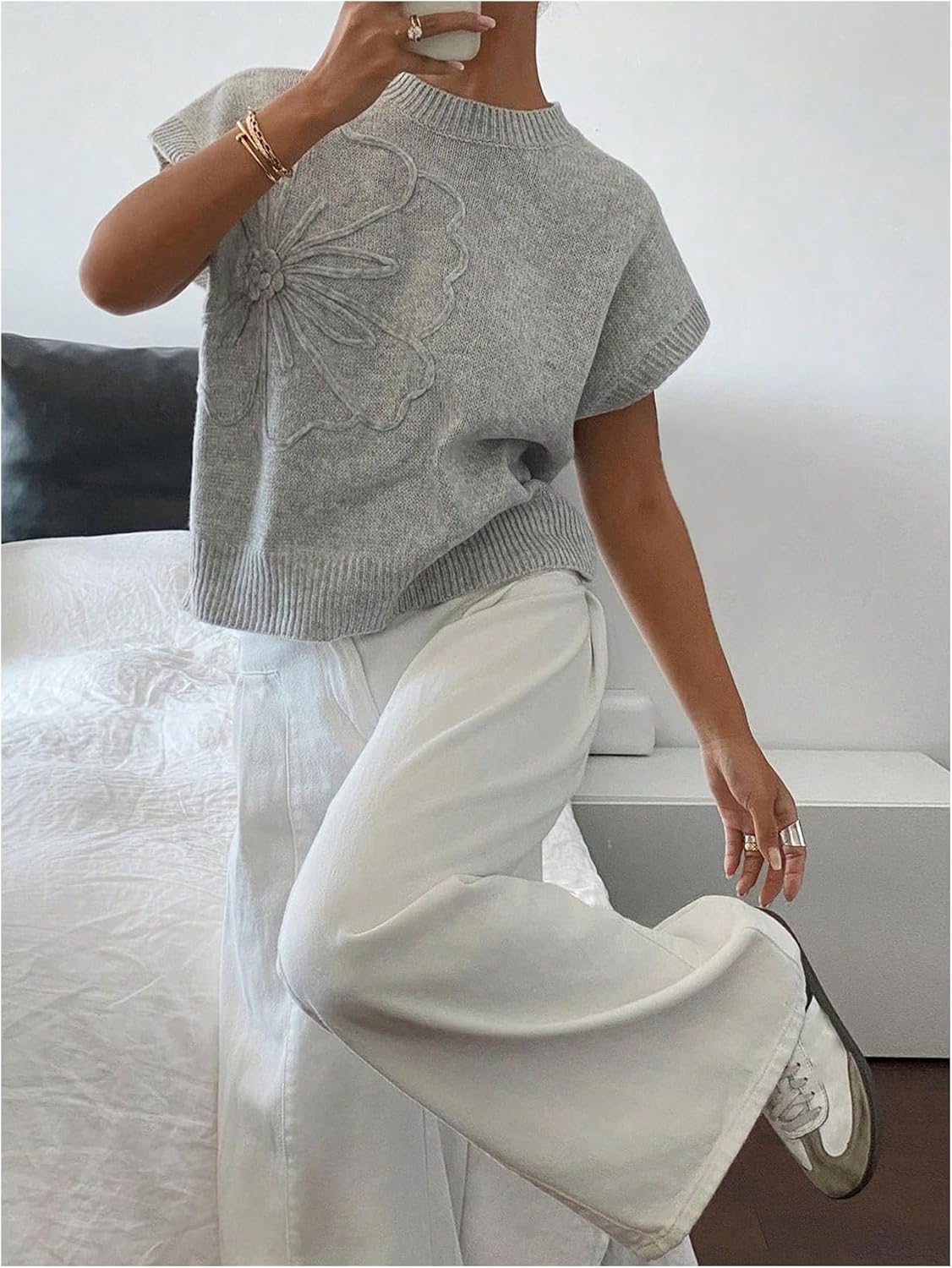 SOLY HUX Women's Short Sleeve Sweater 3D Floral Sweaters Pullover Tank Tops Knit Vest Trendy Fashion Clothing - Image 5