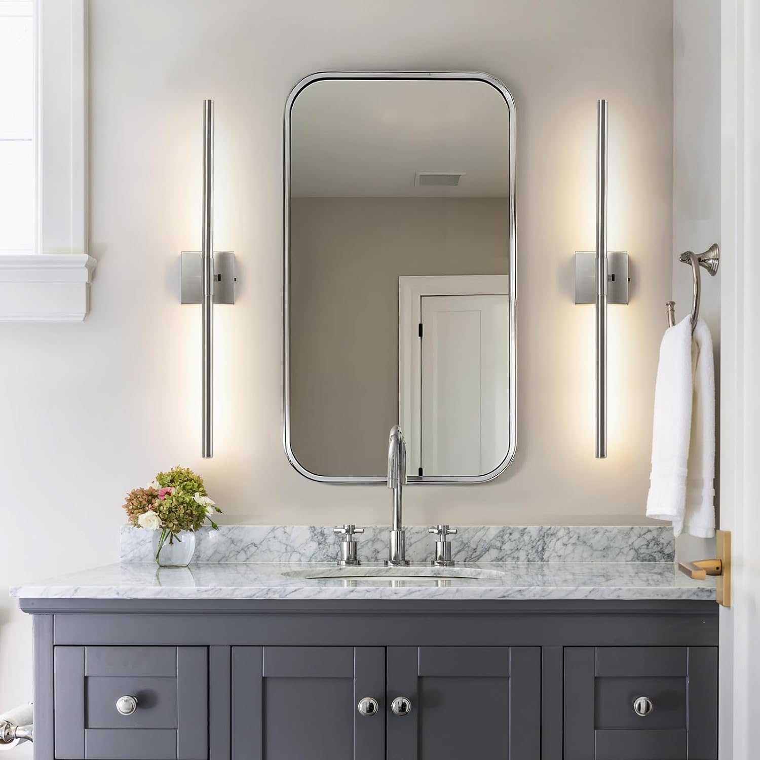 Brushed Nickel Vanity Light Fixtures for Bathroom Over Mirror 30 inch LED Bath Sconces IP44 5CCT Adjustable Morden Picture Lights for Paintings (Built-in Dimmer)