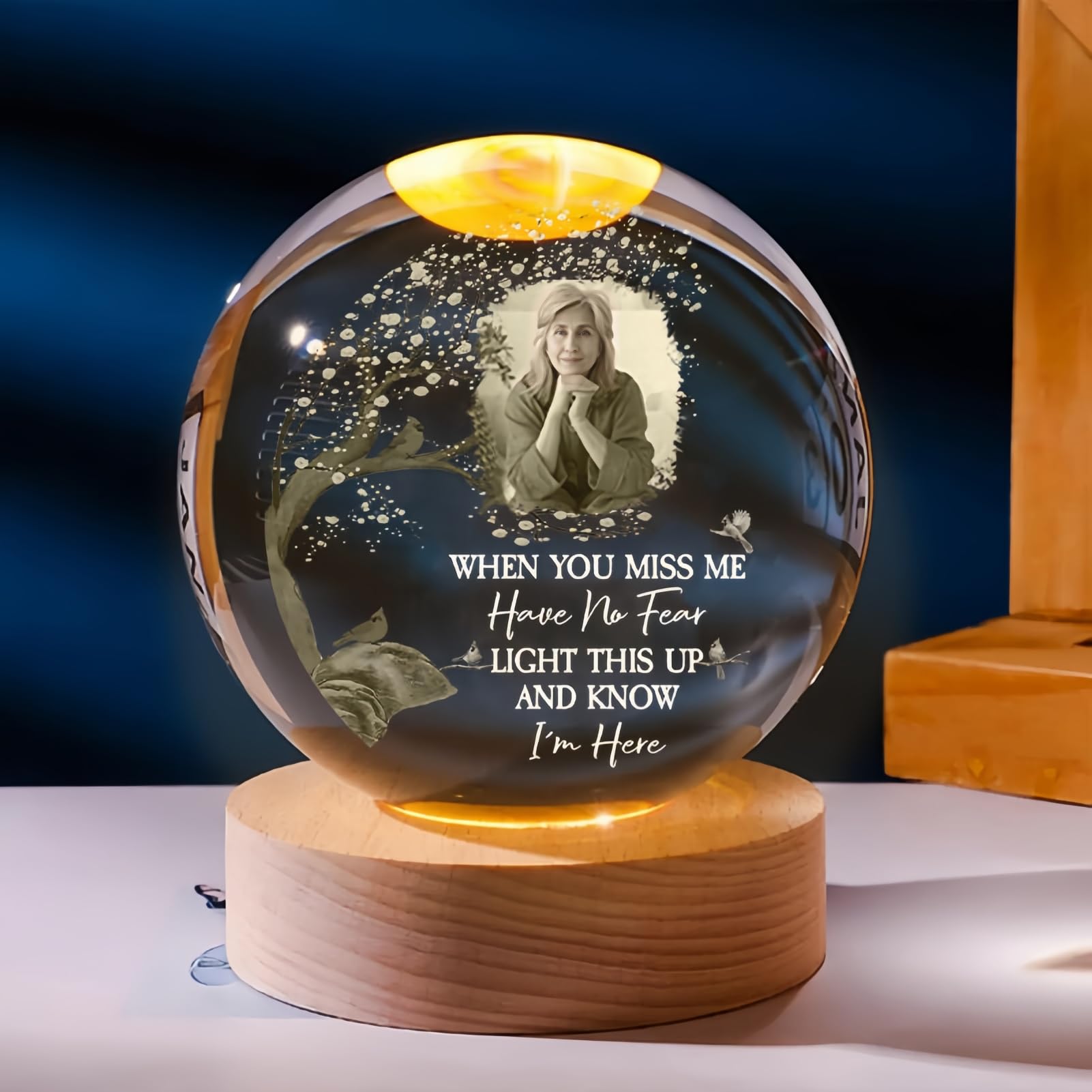 Drawelry Personalized Picture Crystal Ball Night Light with Birds Pattern,Custom Engraved Crystal Ball Night Light,Anniversary, Christmas, Birthday Gifts (Birds Pattern)
