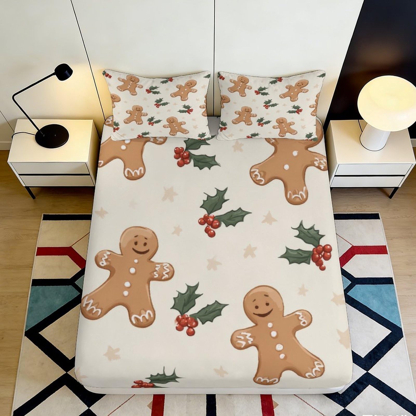 3D Printed Gingerbread Man Fitted Sheet Microfiber Soft Breathable Holly Mattress Cover for Bedroom Dormitory Guest Room Protection Decor 160x200x25cm
