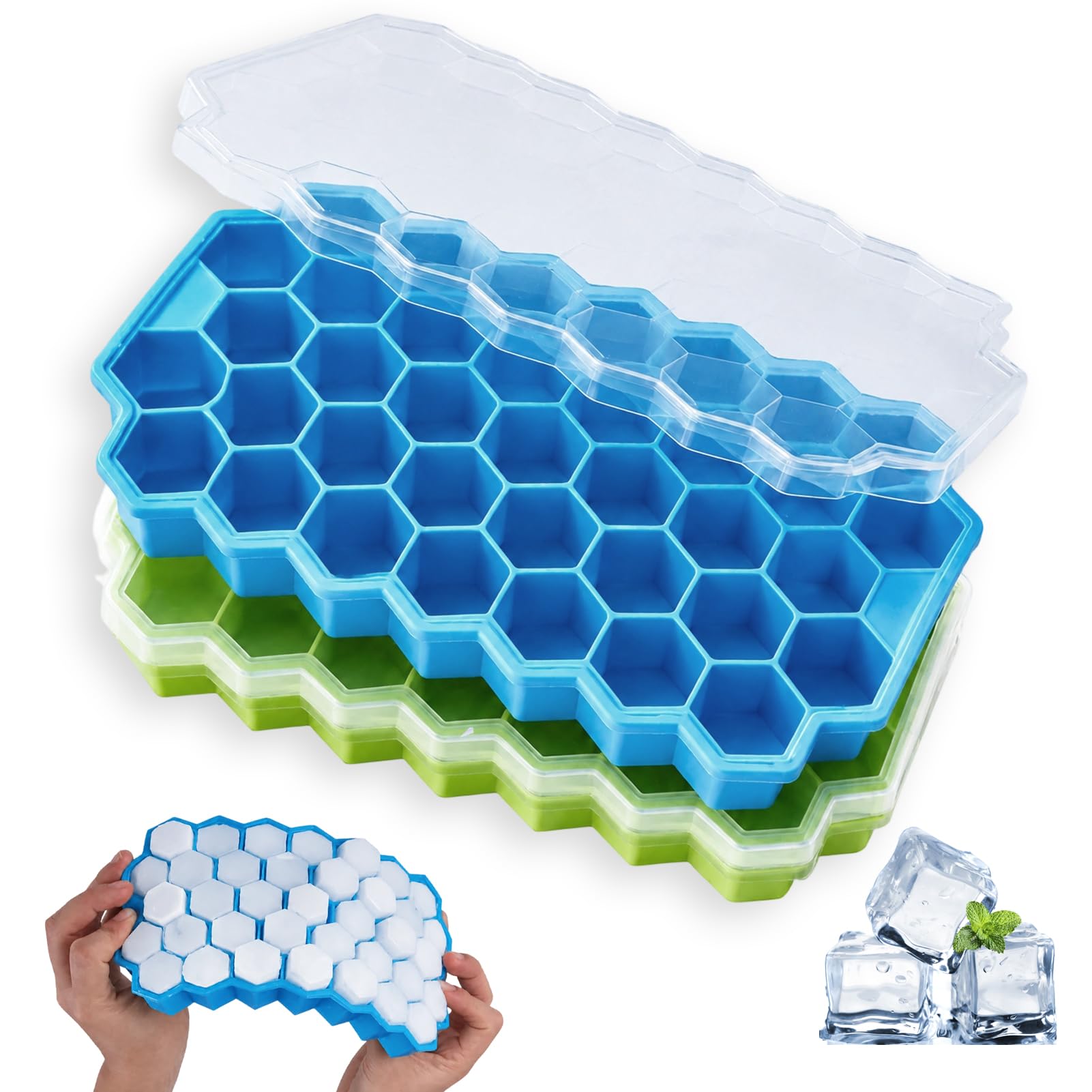 2 Pack Ice Cube Tray with Lid, 74 Grid Silicone Ice Cube Trays for Freezer, Small Ice Cube Tray with Easy Release, Reusable Ice Moulds for Coffee, Cocktails, Whisky, Drinks and Food