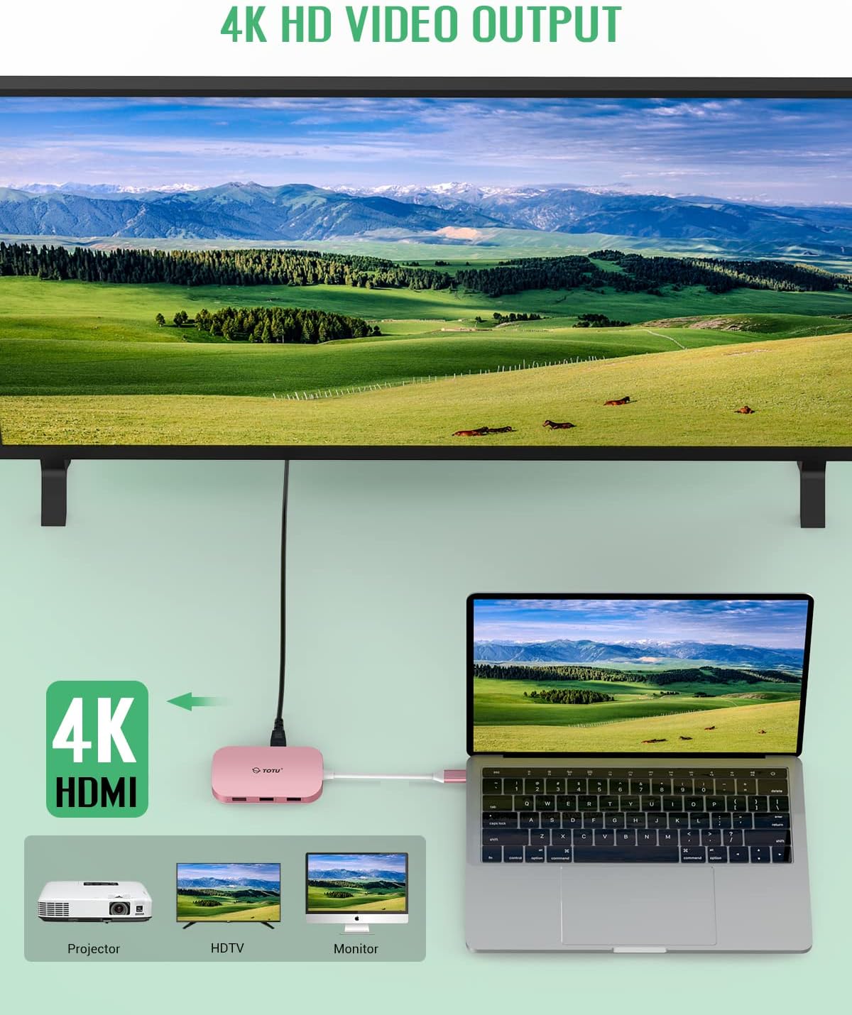 Laptop imqabbad ma' monitor kbir permezz tat-TOTU USB-C Hub, li juri output ta' vidjow 4K HD.