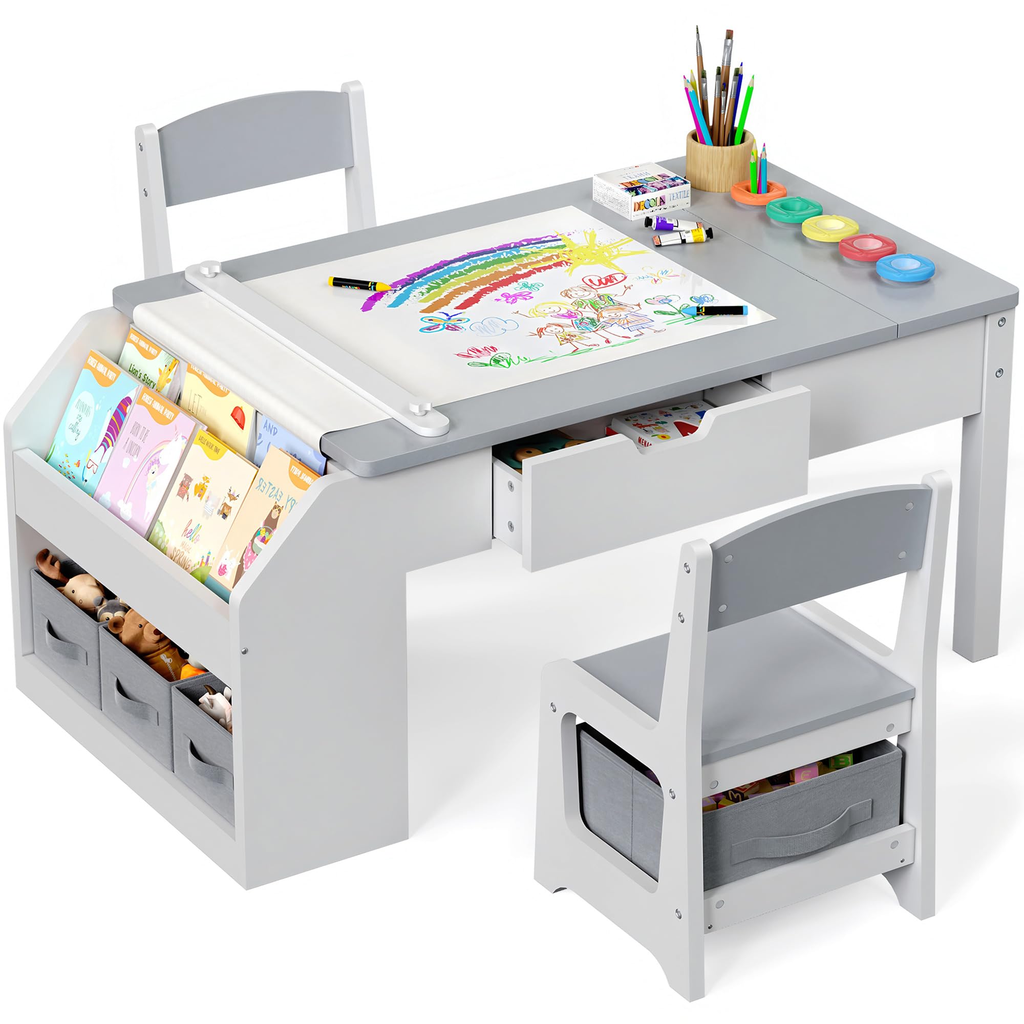 5-in-1 kids art table and chairs, toddler table and chair set, craft play desk for kids, convertible art easel with paper roll holder & storage drawers, children activity learning center-light grey