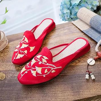 LEIYTFE Womens Chinese Floral Slippers Shoes Flats Embroidery Mule Slipper Pointed Toe Slip On, Chinese Style Summer SandalsB-Red,EU 37