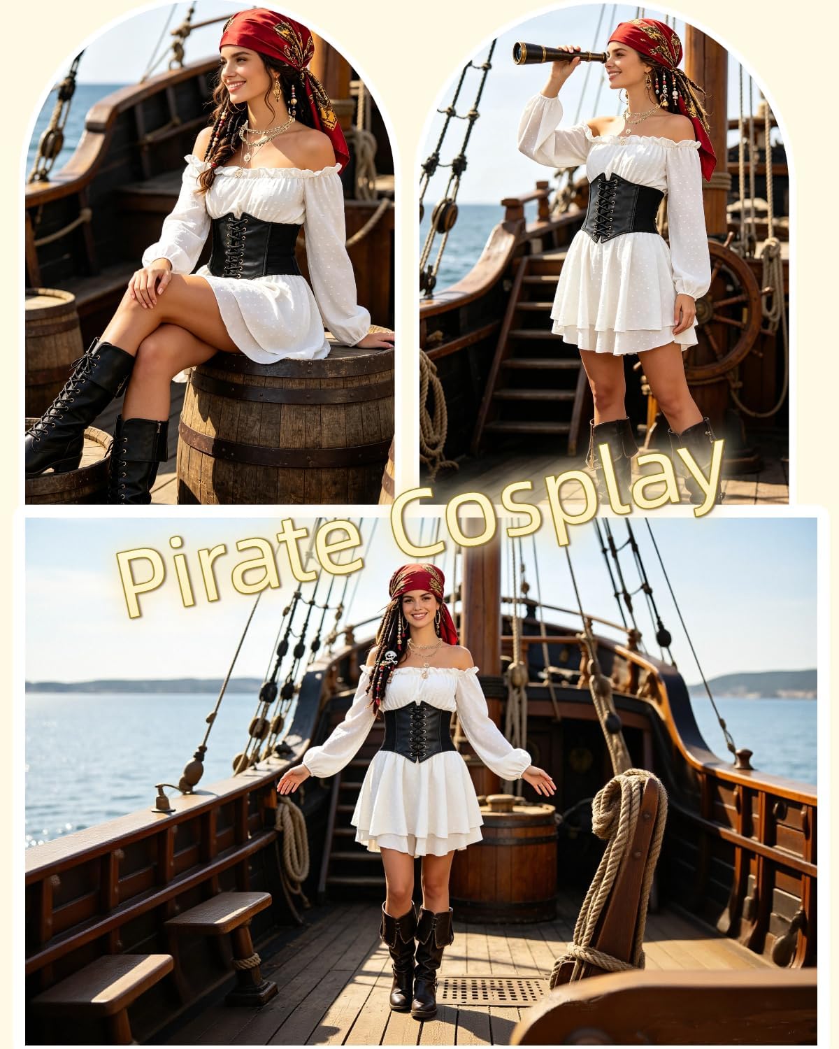 Women Pirate Costume Dress with Corset Accessories Long Sleeve Romper Short Off Shoulder Dress