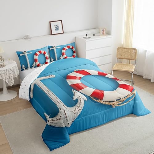Miniatura 4 de Erosebridal Edredón náutico costero, ropa de cama con diseño de anclaje y salvavidas a rayas, juegos de ropa de cama y colecciones, edredón de