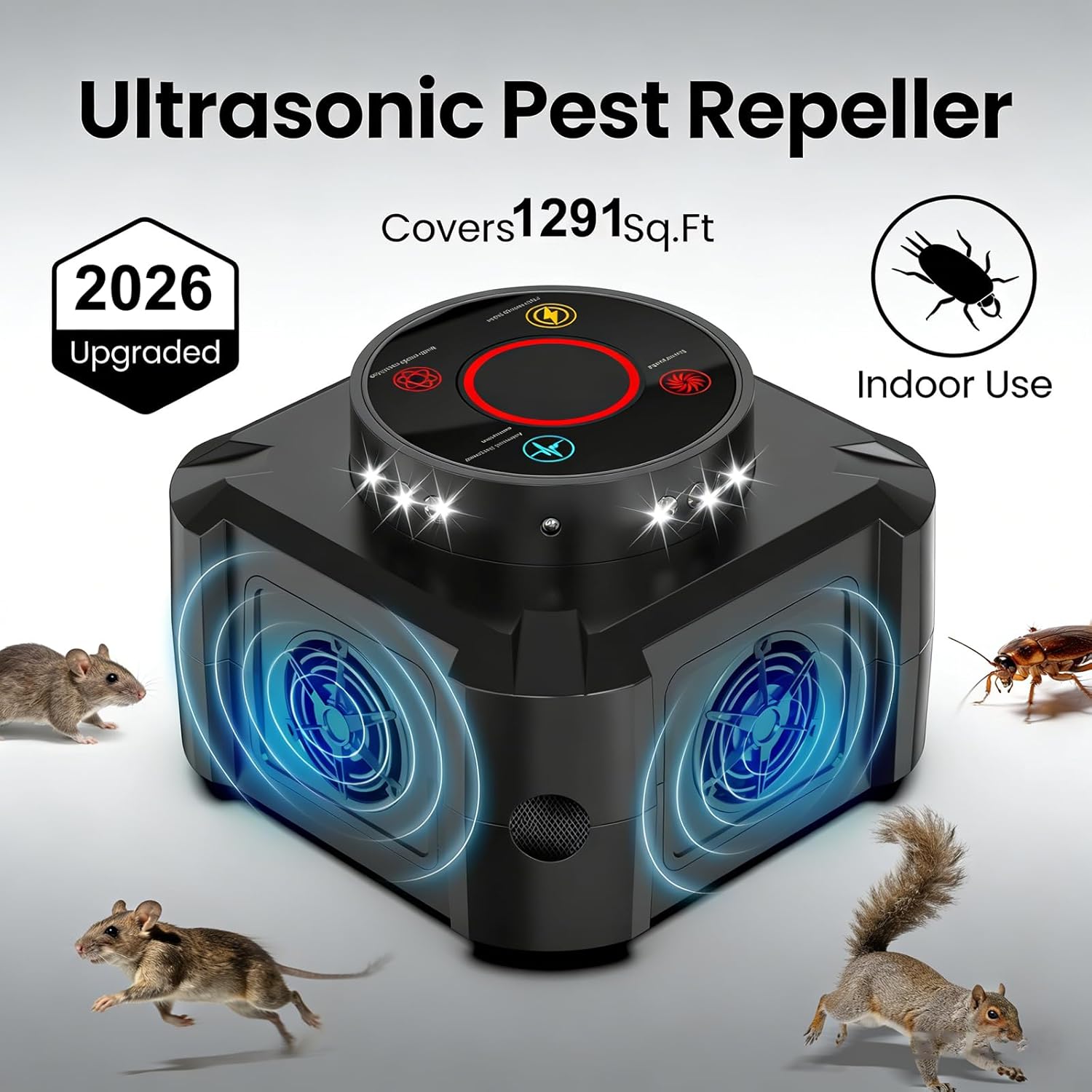 Mice Repellent Indoor Squirrel Repellent for Attic Ultrasonic Pest Repeller Plug in Electronic Rodent Repellent Devices Rat Deterrent Mouse Blocker Home Indoor Use 4 Ultrasonic Modes + 12 LED Lights