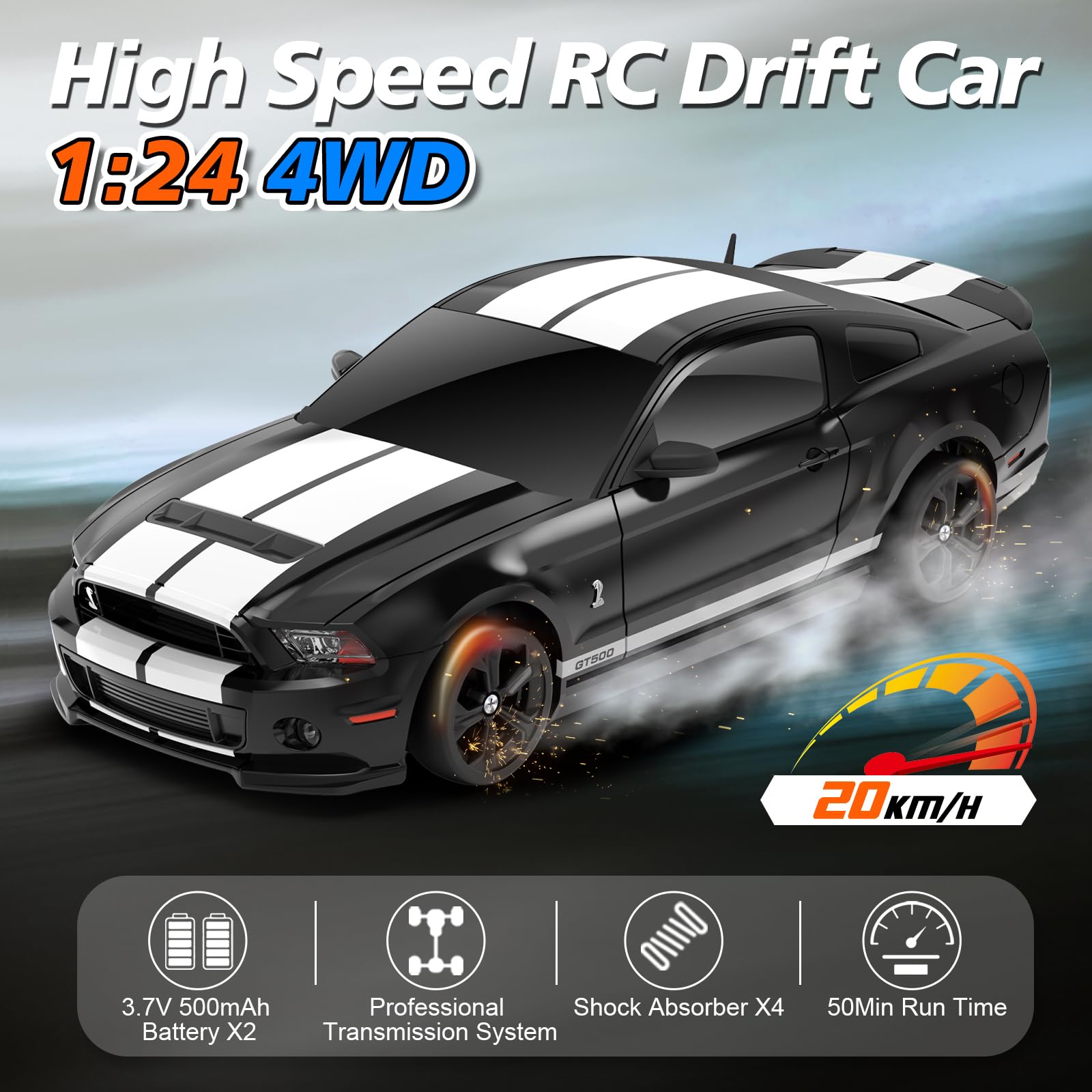 YONCHER Macchina Telecomandata, RC Drift Car per Bambini, Ford Mustang Shelby GT500 con licenza ufficiale, 1:24 20KM/H 4WD Macchine Telecomandate, Radiocomandata Auto per Adulta