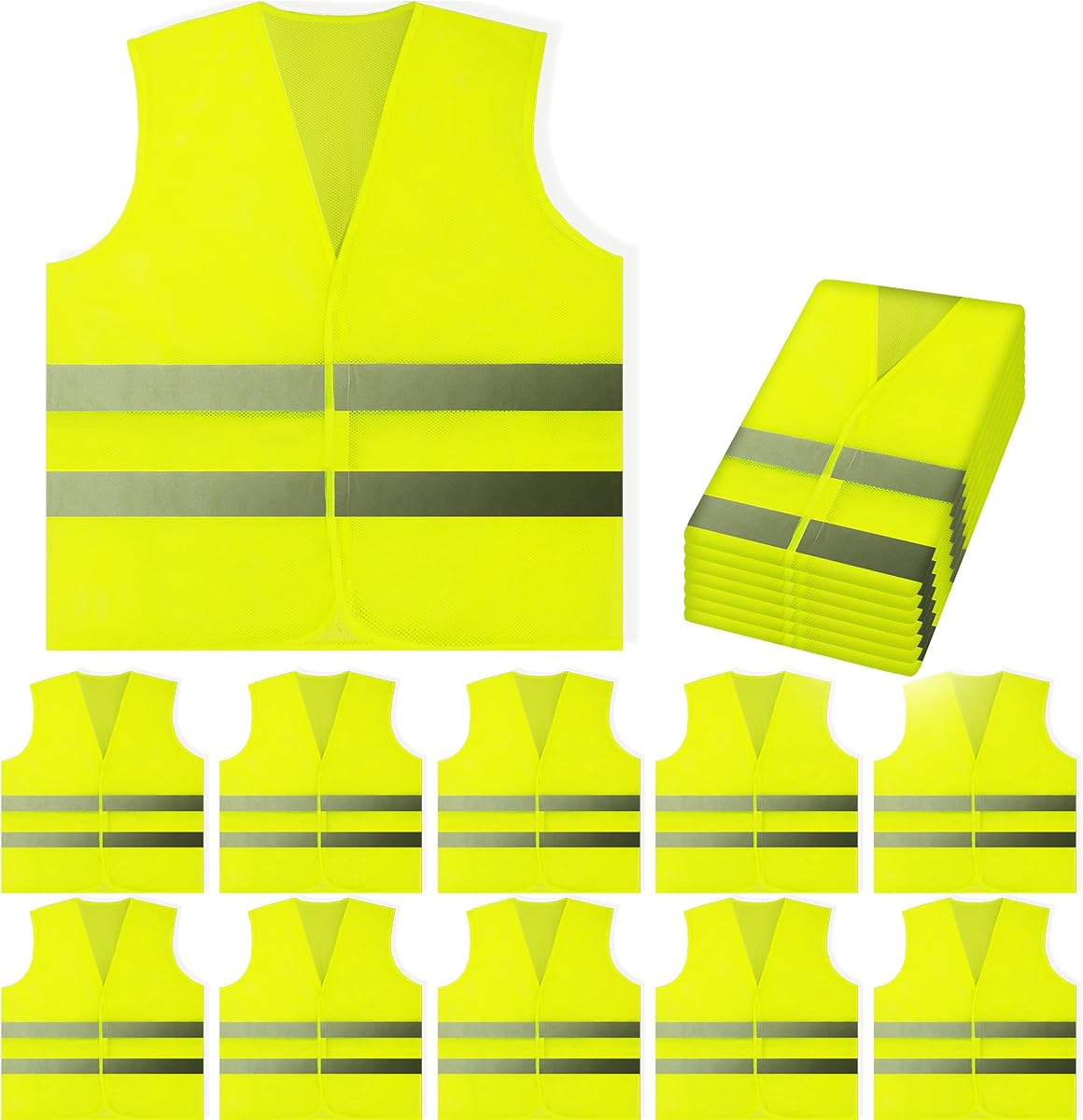 Paquete de 10 chalecos de seguridad: amarillo reflectante de alta visibilidad, tira plateada de alta visibilidad, hombres, mujeres, trabajo, ciclismo, corredor, agrimensor, voluntario, guardia de cruce, carretera, construcción, neón (malla, 10)