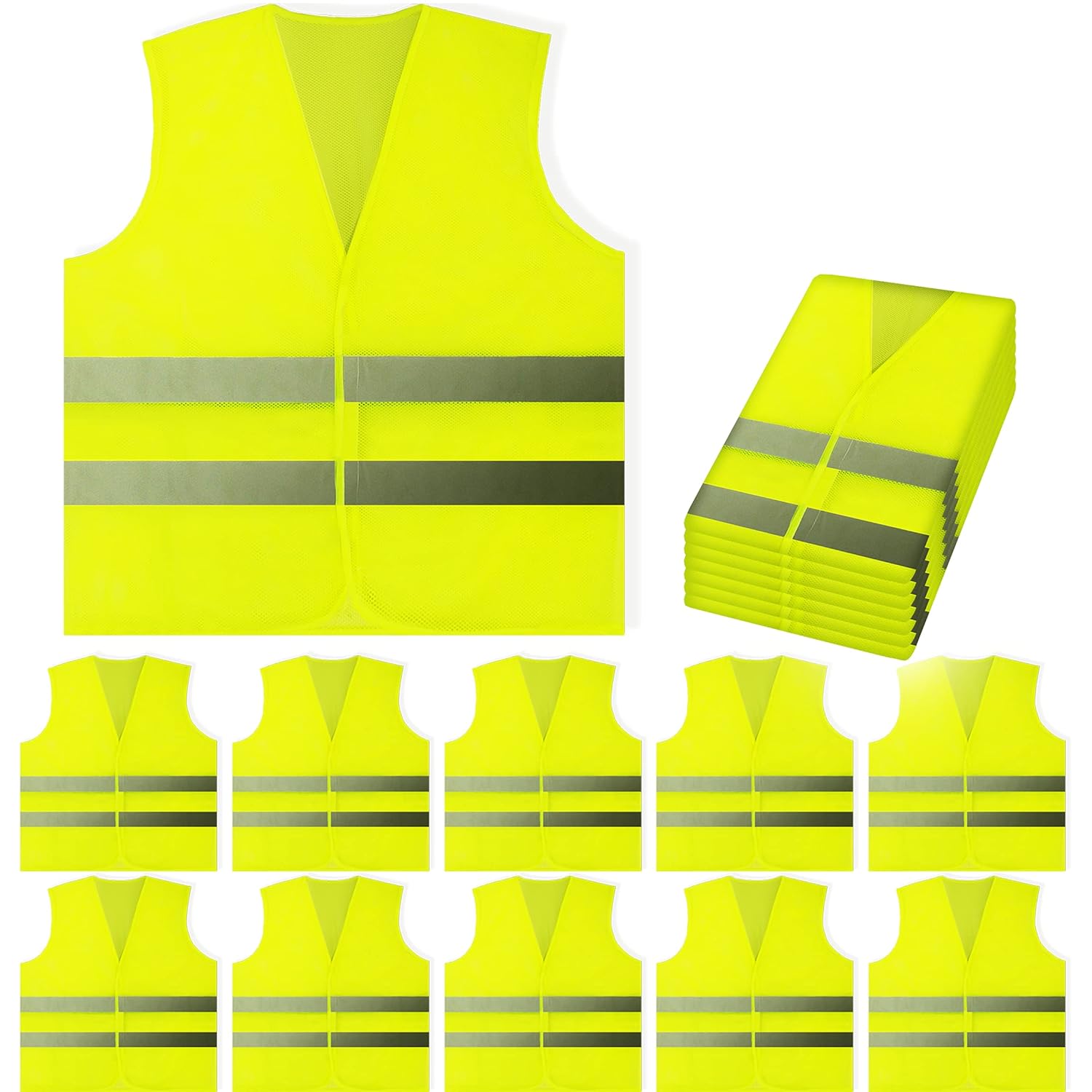 PeerBasics Safety Vests 10 Pack - Yellow Reflective High Visibility Hi Vis Silver Strip Men Women Work Cycling