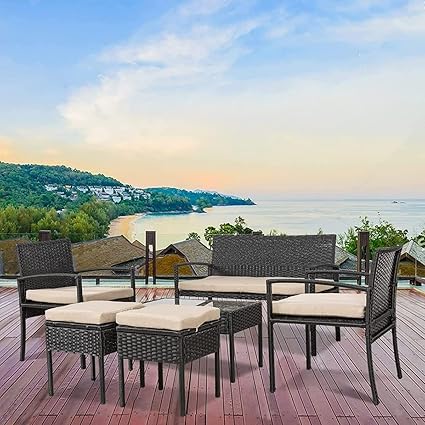 OVIOS 6 Pieces Patio Furniture Set, Outdoor Sectional Sofa Wicker Conversation Set Outside Furniture with Glass Table and Cushions for Porch Lawn Garden Backyard, Black and Beige Cushion