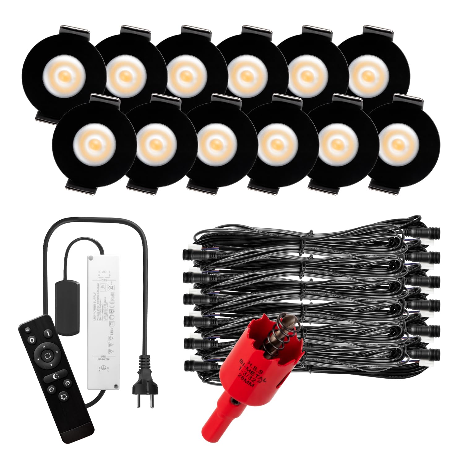 S-Polytec PREMIUM Mini LED- Einbauspots Warmweiß 3.000K, DIMMBAR, IP65, FUNK 3W Einbaustrahler Terrassenüberdachung, Bad, Sauna mit Fernbedienung (SCHWARZ, 12x LED-SET (Warmweiß))
