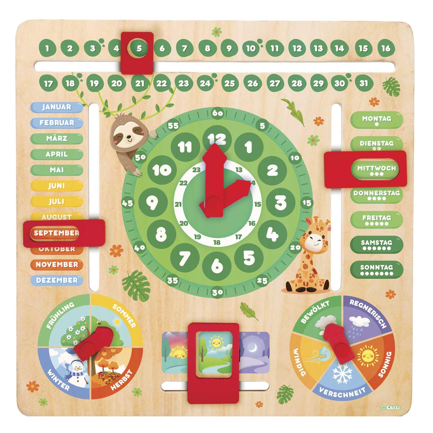 Craze My Learning Clock Animals - Orologio educativo per Bambini in Legno, Calendario per l'apprendimento dei Bambini, da Parete, Colore: Verde