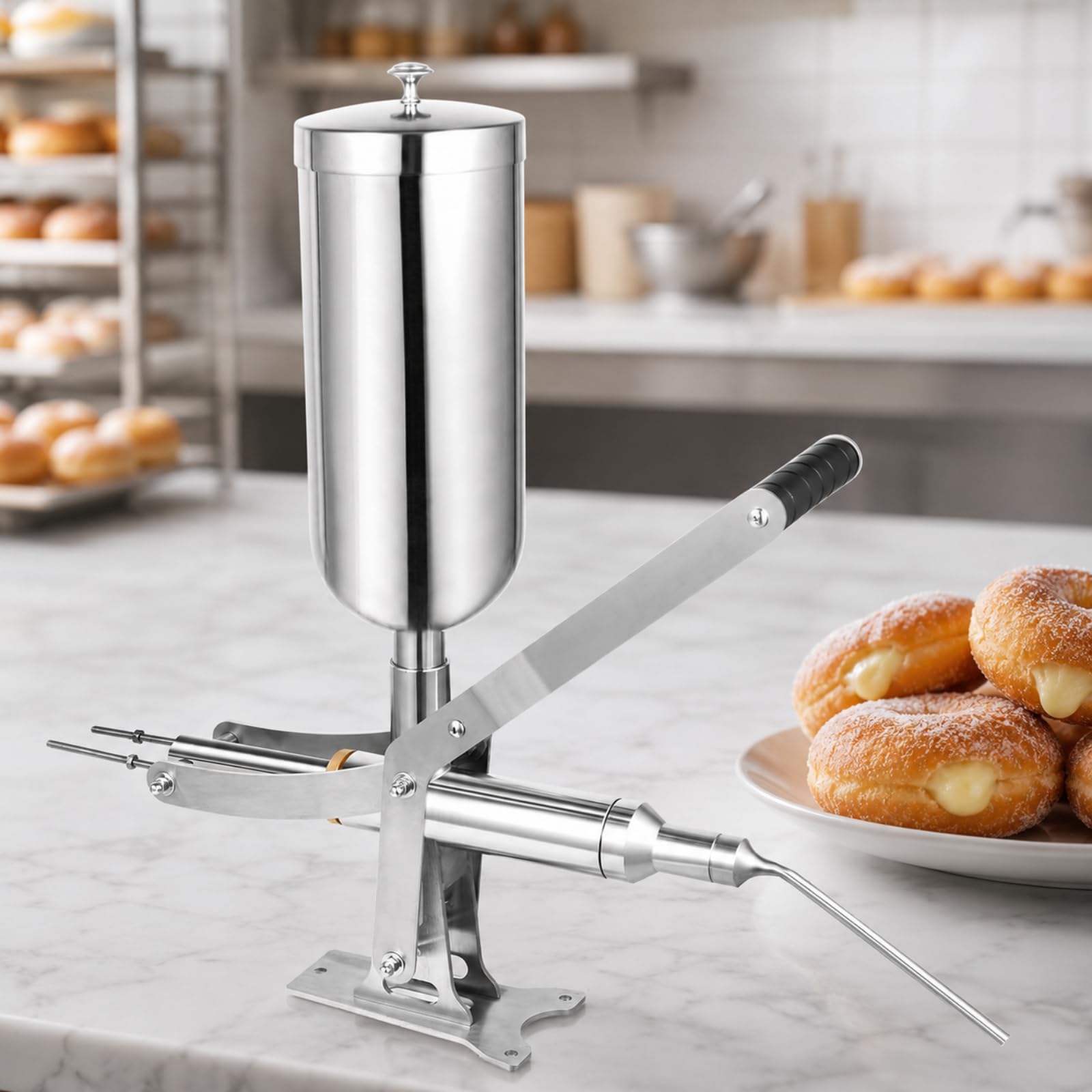 HCAUYNN Manual Cream Filling Machine, 5L Stainless Steel Churro Filling Machine with Long Bent Nozzle, Commercial Donut Jam Injector for Bakery Pastry Filling BentTip