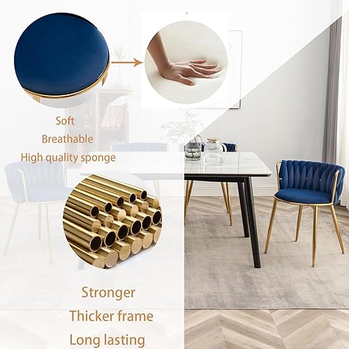 Miniatura 4 de Riknuxi Juego de 4 sillas de comedor de terciopelo, modernas sillas de comedor tejidas con patas de metal, sillas de comedor tapizadas doradas para