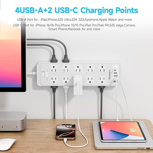 Miniatura 3 de Regleta protectora contra sobretensiones de enchufe plano con 20 salidas de CA, 6 puertos USB, 1875 W15 A, 2700 J, cable de extensión resistente de