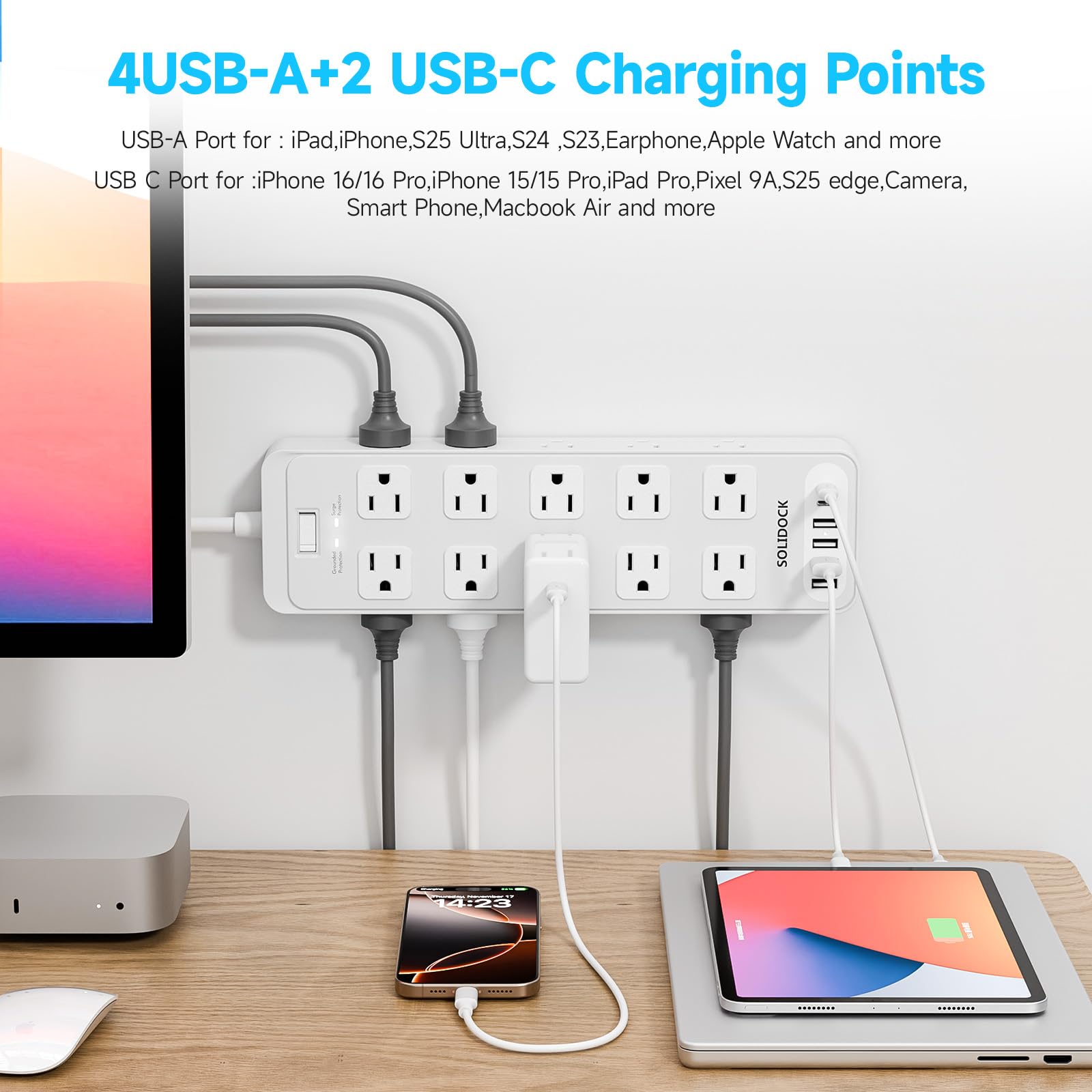 Steckdosenleiste mit Überspannungsschutz für Flachstecker mit 20 AC-Steckdosen, 6 USB-Anschlüsse, 1875W/15A, 2700J, 3.0 m Heavy Duty Verlängerungskabel für Zuhause
