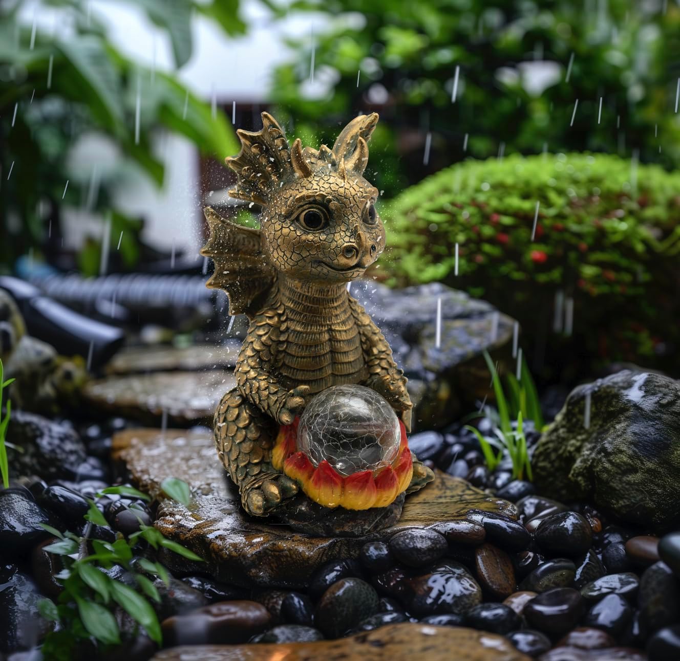 Garden Outdoor Dragon Decor Statues Figurine Solar Lights, Gifts for Mom,Patio Balcony Yard Lawn Color - Charging Ornament Decor,Waterproof Halloween Decorative Lights,Year-Round (Gold)