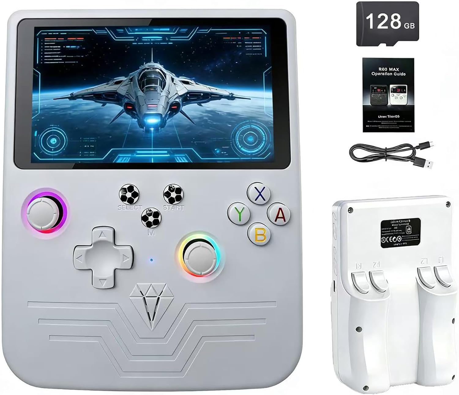 FVBADE[40000 in 1] R60S MAX Handheld Game Console 5.5 inch IPS Screen Mini Retro Console 6000mAh Portable Pocket Arcade 45+ Mainstream Emulator 128G TF Card Transparent.(White)