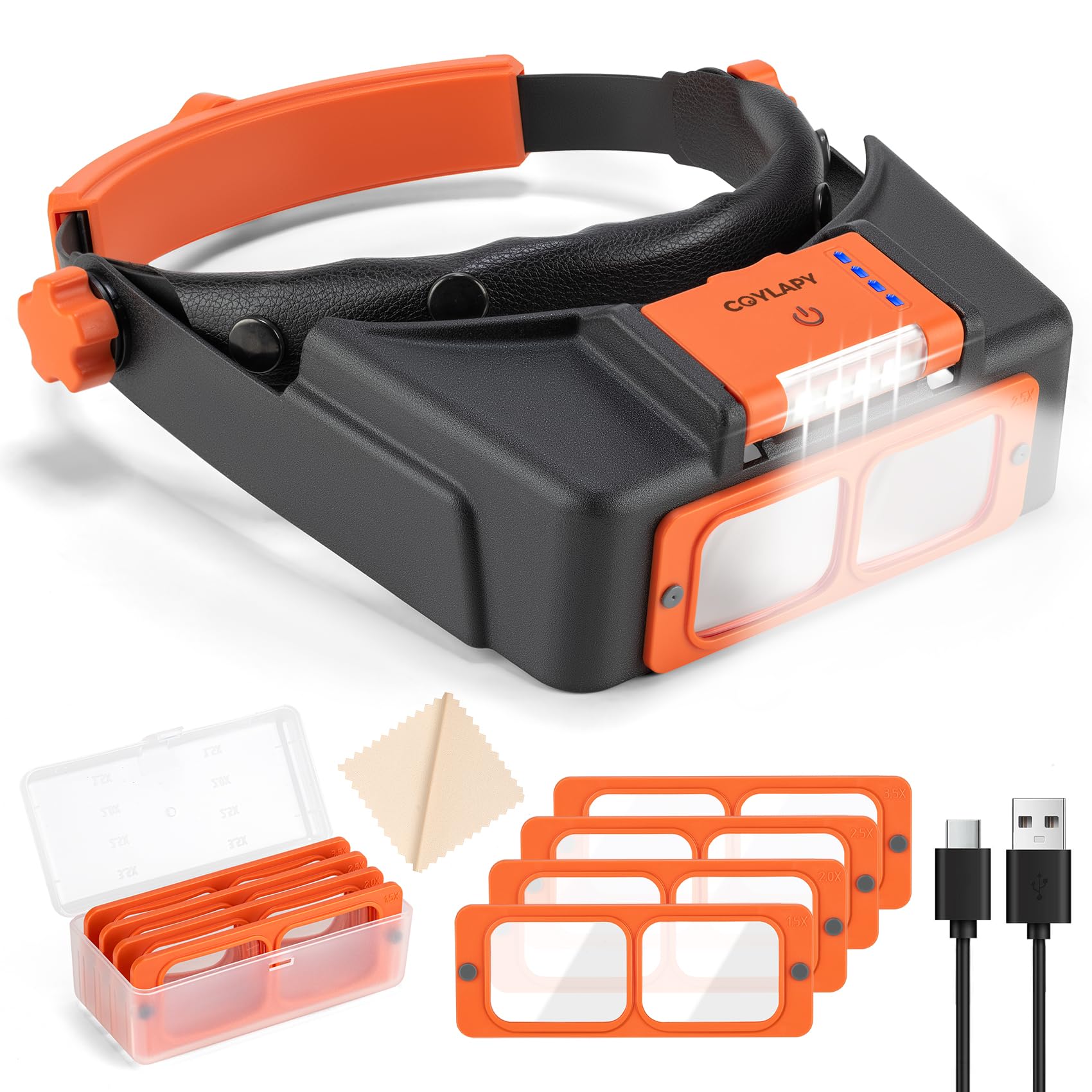 Kopfbandlupe mit Licht, wiederaufladbare Lupe für enge Arbeiten, 1,5-fache – 3,5-fache Vergrößerung, Headset mit 4 Linsen, Juwelierlupe, Visier für Reparatur, Handwerk, Hobby