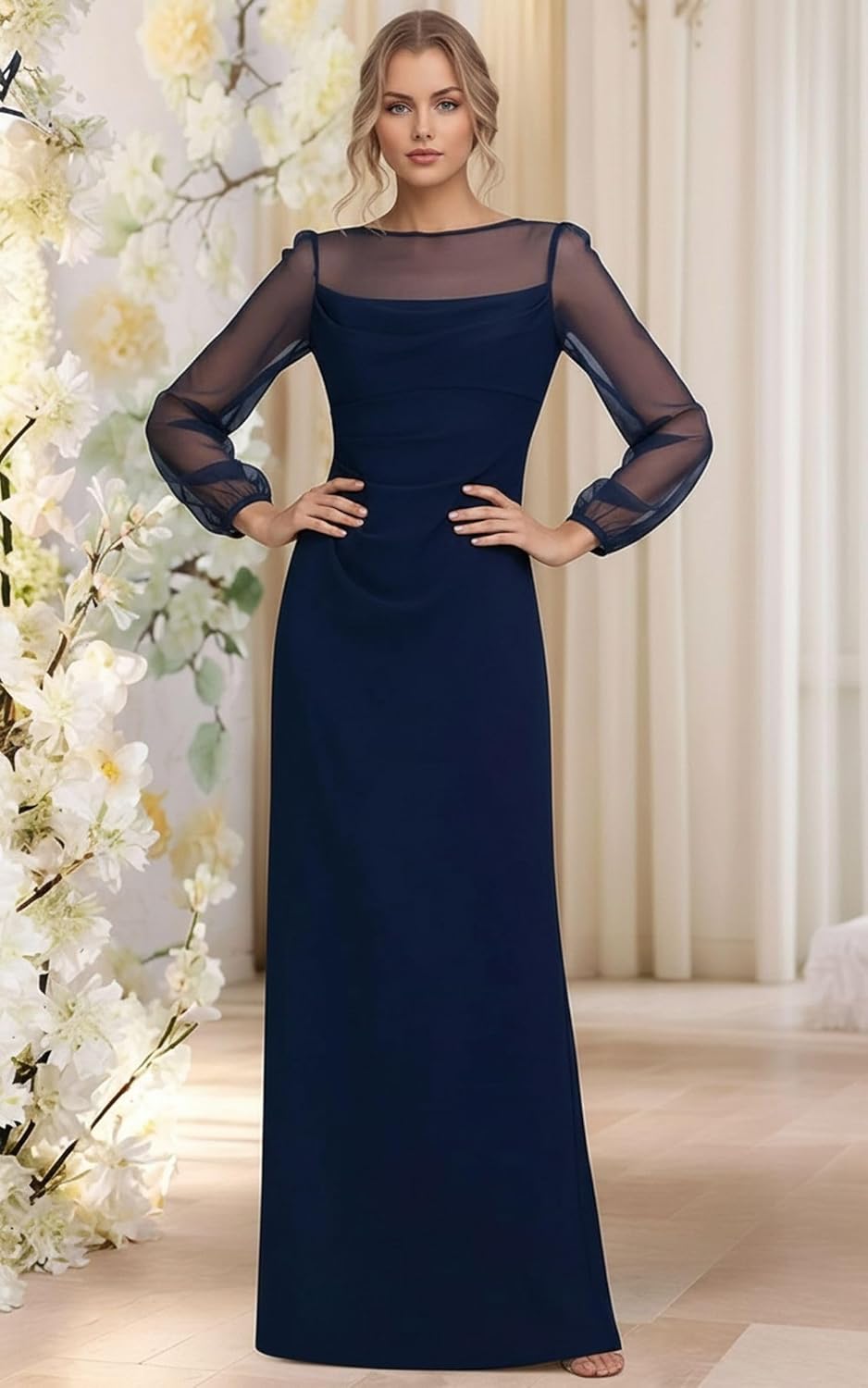 Chiffon Mother of Bride Dresses with Mesh Sleeve Crew Neck Formal Dresses for Wedding Guest Ruched Maxi Evening Dresses