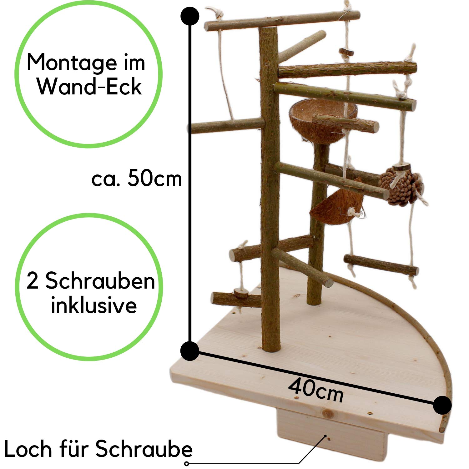 Vogelgaleria® Premium Vogelspielplatz groß für die Wand-Montage | 2 abnehmbare Natur Kletterbäume aus Holz, Kokosnuß Futternapf, Schaukel | Ideales Vogelzubehör für Wellensittiche Nymphensittich