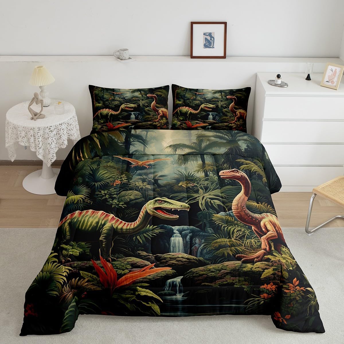 Erosebridal 3D Dinosaur Comforter Set Twin Size,Jungle Wildlife Animal Bedding Set Dinosaur Room Decor for Boys Girls Kids,Tropical Palm Leaves Bedding Comforter Sets Dino Quilt Bed Set 2Pcs