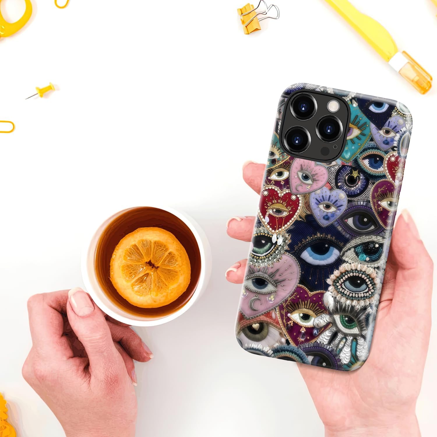 MERRO for iPhone 16 Pro Case - Wireless Charging Compatible - Dual-Layer Hard Shell & Silicone Cover - Protective Phone Case with Cute Wildflower Designs for Women - Eye Heart Mosaic - Image 6