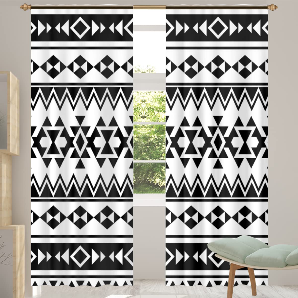 Voilage transparent à imprimé géométrique aztèque pour fenêtres de salon/chambre/cuisine, rideaux décoratifs géométriques pour la maison, 2 panneaux de 213,4 cm de long