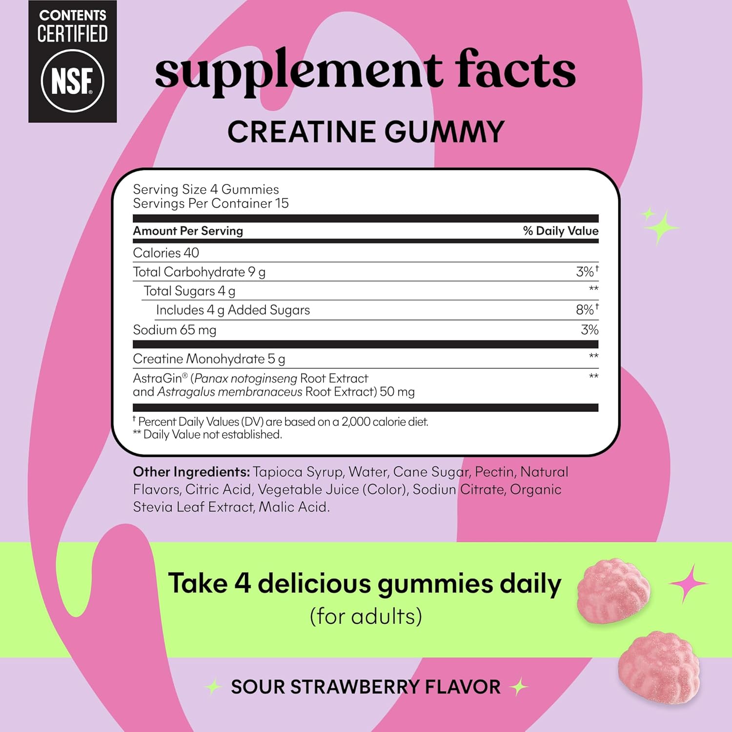 Lemme Creatine Monohydrate Gummies for Women and Men, 5g Dose to Support Lean Muscle, Strength, Recovery, Cognitive Health, w/Ginseng for Absorption, Sour Strawberry, NSF Certified, 60 Gummies - Image 6
