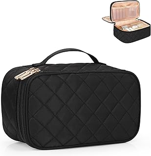Relavel Makeup Bag, Small Makeup Bag for Women, Travel Cosmetic Bag, 2 Layers Waterproof Makeup Organizer Storage with Makeup Brush Holder, Black