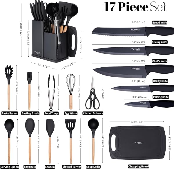 Cooking Utensils Set with Chopping Board β Knife Set with Block β Heat Resistant Silicone Utensils with Wooden Handle, Spoons, Ladles & Spatula β Kitchen Tools & Accessories β 17pcs, Black β by Nuovva - 2