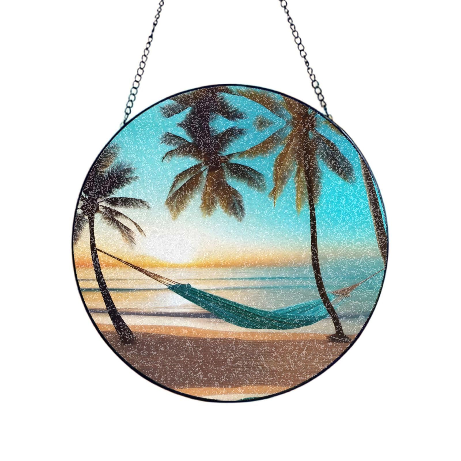 Poezjzw Stained Glass Window Hanging - Sunset Beach View Sun Catcher For Door Garden Home Decor Christmas Mother'S Day Birthday Gifts 6in（15cm）