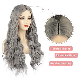 WECAN Gray Wig Long Silver Wigs for Women 28-inch Natural Wave Synthetic Long Grey Wigs Halloween Cosplay Daily Party