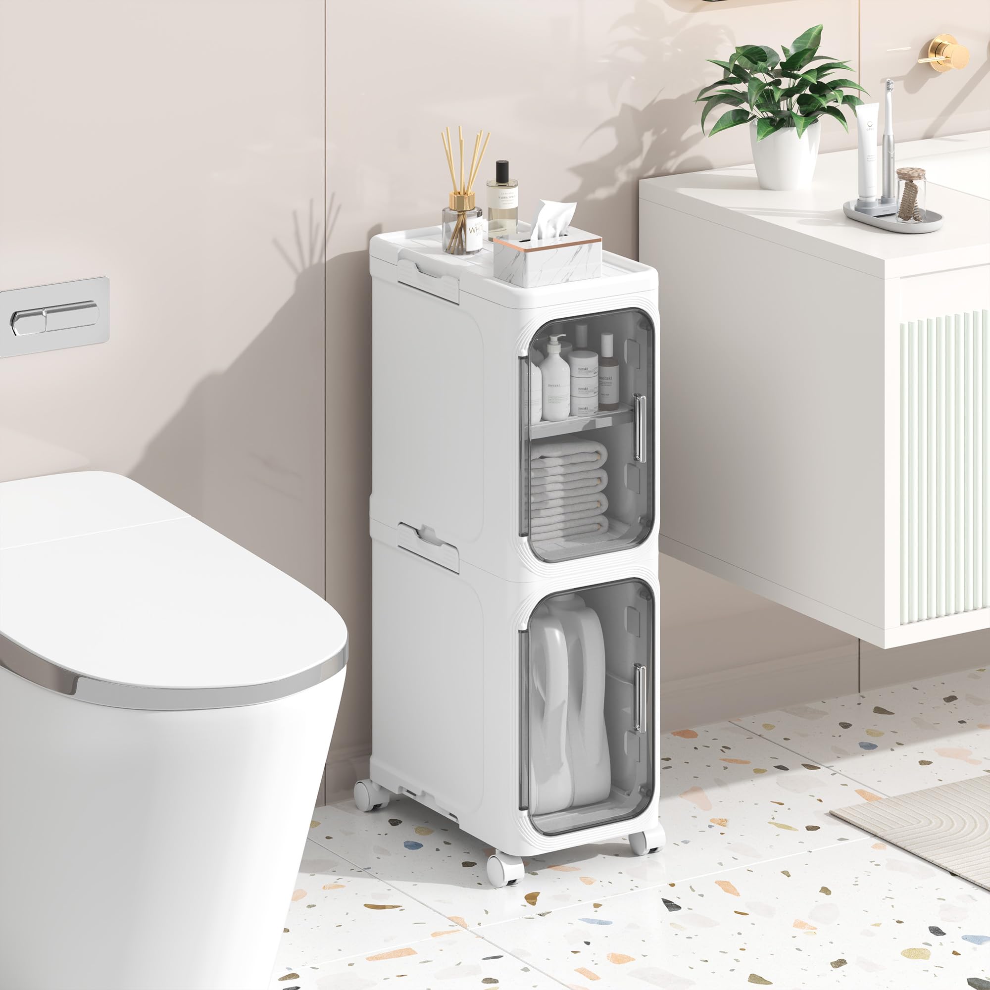 Armoire de Salle de Bain Mince, unité de Rangement Autonome en Plastique avec Porte, Petit Chariot étanche avec roulettes pour Bureau, Salon, Cuisine, entrée (21CM*34CM*67CM, Blanc)