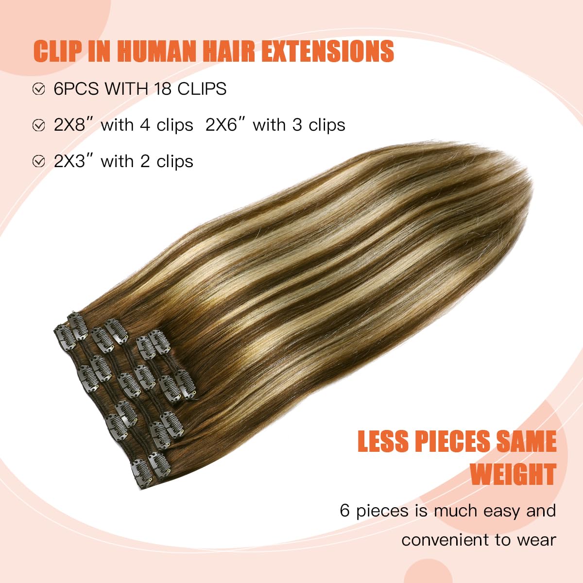 XDhair Extension Capelli Veri Clip Dal castano cioccolato al biondo caramello 45cm 120g 6pcs Extension Clip Capelli Veri Lisci Extension Clip in Human Hair (C#4/27/4-18)