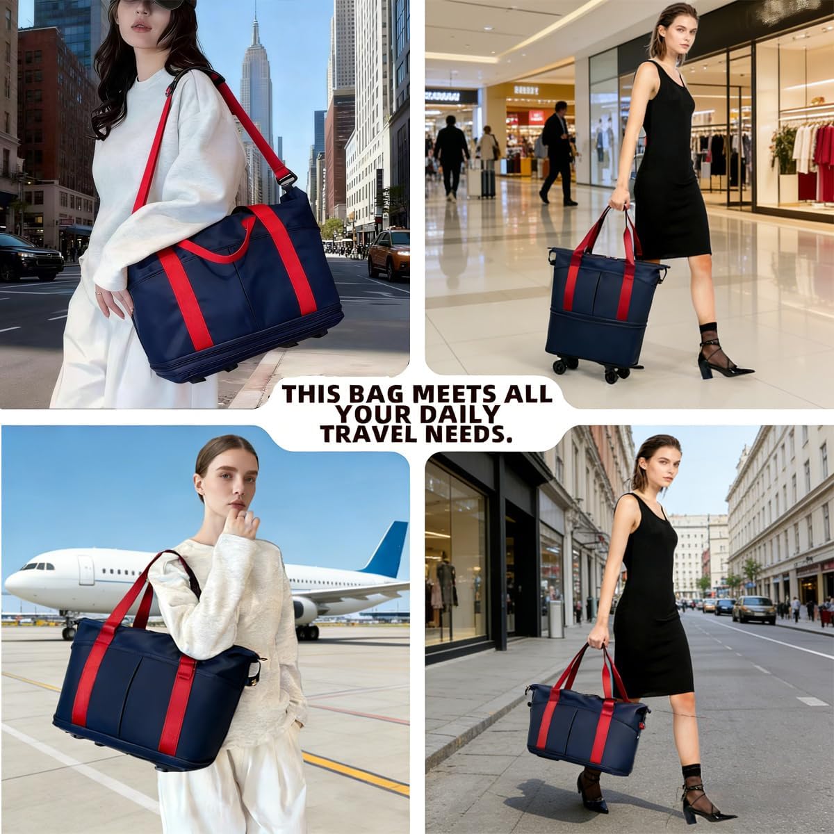 Travel Rolling Duffel Bag with Removable Wheels, Expandable Foldable Carry-on Luggage for Trip or Hospitalization, Red & Navy Blue, Backpack Style