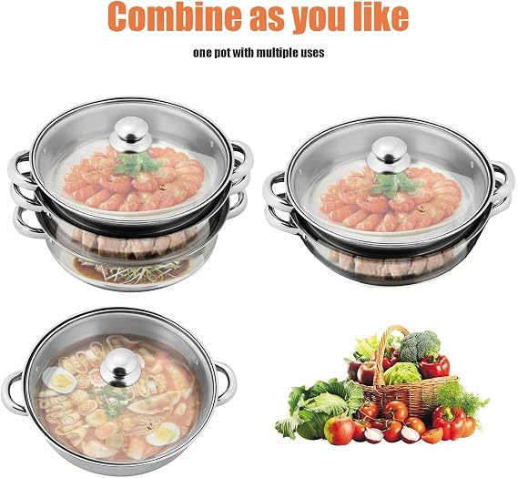 3 Tier Steamer with Glass Lid Stainless Steel Cooking Pot Kitchen Food | Professional Kitchen Cookware for Vegetables and Rice