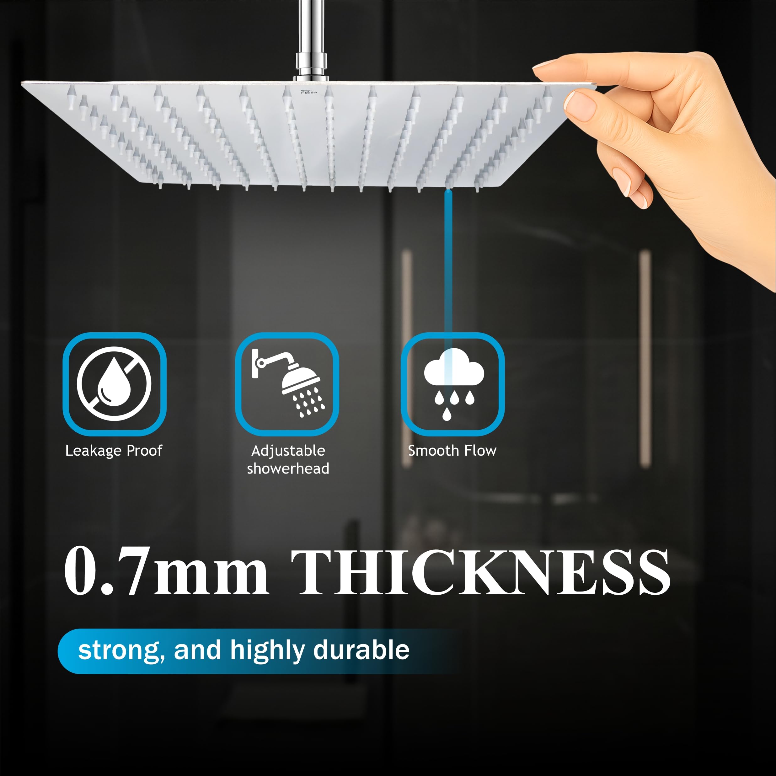 Fossa Ultra 12x12 Inch 1-Year Warranty Rain Shower Head, Square High Pressure Overhead Shower, 304 Stainless Steel, Luxury Bathroom Rainfall Shower, Chrome Finish (With Arm Set 24" Inch) 3
