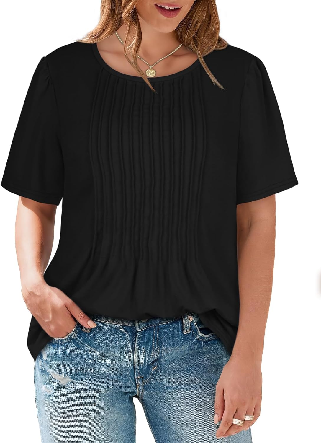 Womens T Shirts Short Sleeve Tops Dressy Casual Blouses Pleated Front Summer Outfits - Image 8