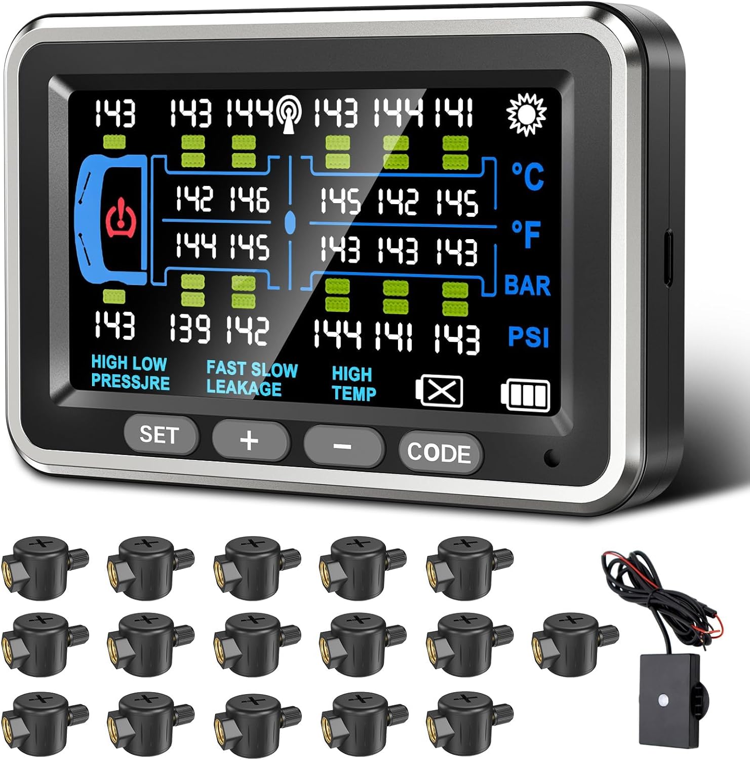 Tire Pressure Monitoring System 16 Sensors/4.5" RV TPMS NC22 with 0-199PSI Flow Thru Sensors 6 Alerts Monitor for Trailer/Truck/Camper/5th Wheel,Signal Booster/No Removal Inflation